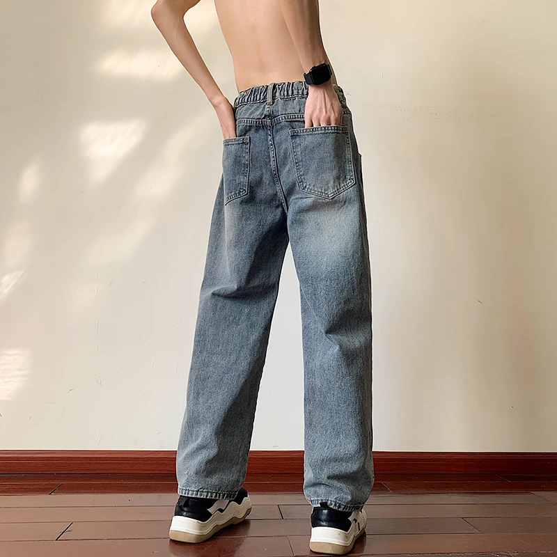 黄泥色半松紧牛仔裤男夏季潮牌美式高街设计感宽松直筒休闲长裤男