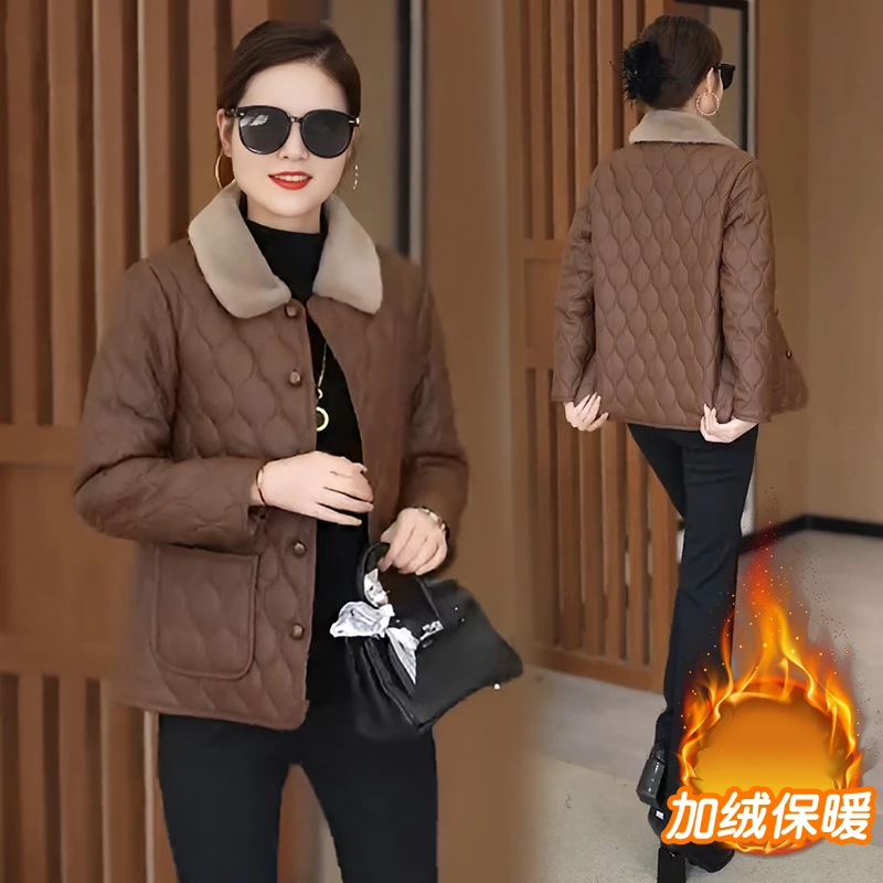 2024妈妈冬装水洗皮衣外套短款中老年女装时尚气质加绒菱格薄外套