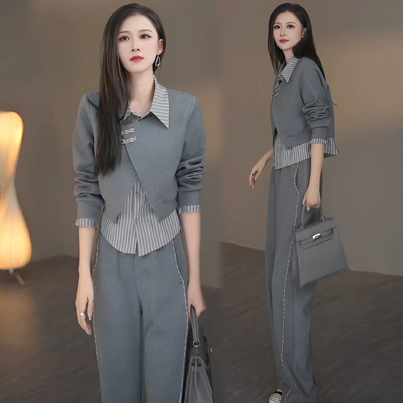 极简通勤条纹拼接假两件长袖上衣套装女春女装极简小包衬衣两件套