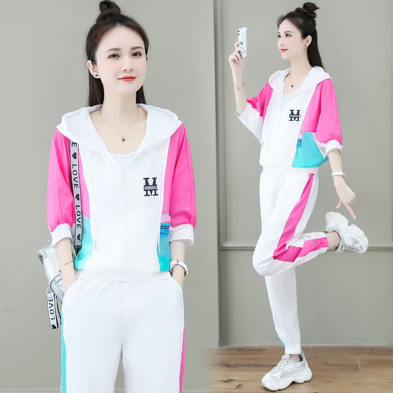 女士新款卫衣套装女夏洋气夏季宽松透气撞色夏季女士宽松刺绣套装