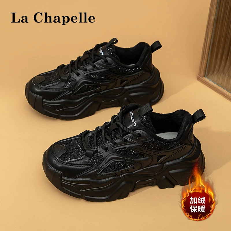 拉夏贝尔网红潮加绒厚底老爹鞋女2024春夏新款超火显脚小0407-1绒