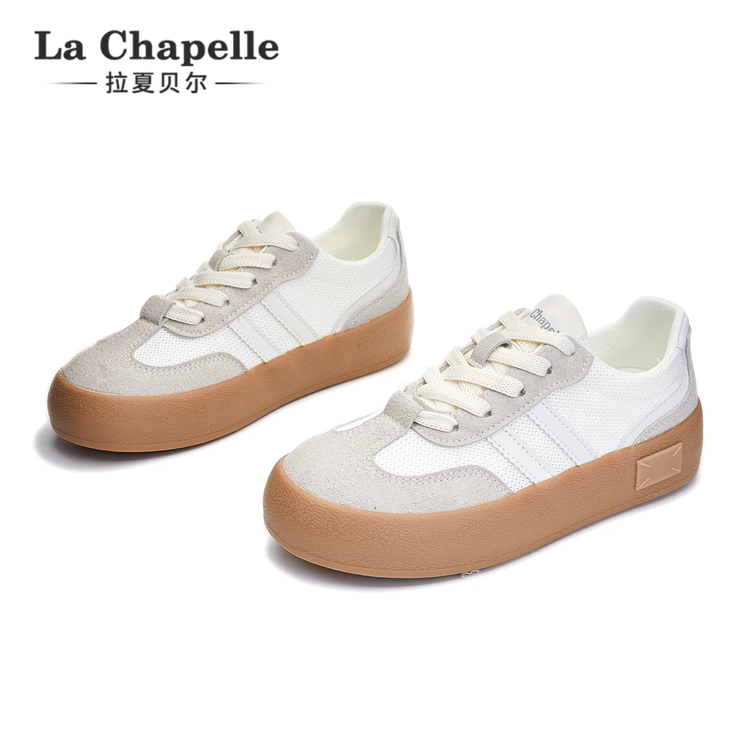 拉夏贝尔女鞋2025夏季新款透气德训网面小白鞋女厚底透气休闲板鞋