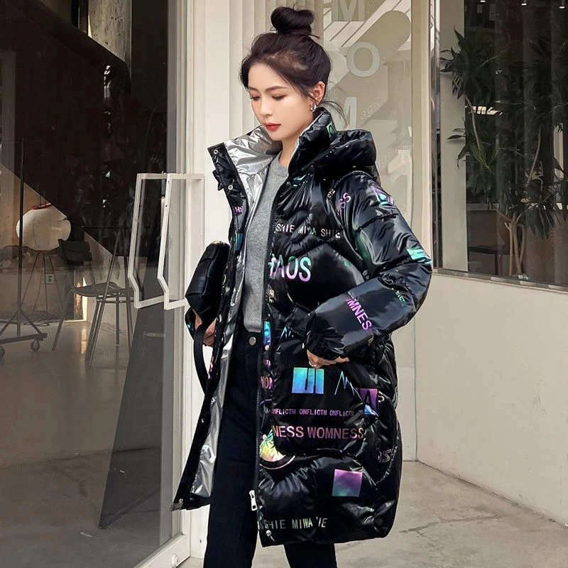 亮面免洗羽绒衣棉服女中长款2023新款冬季韩版宽松加厚棉衣棉袄外