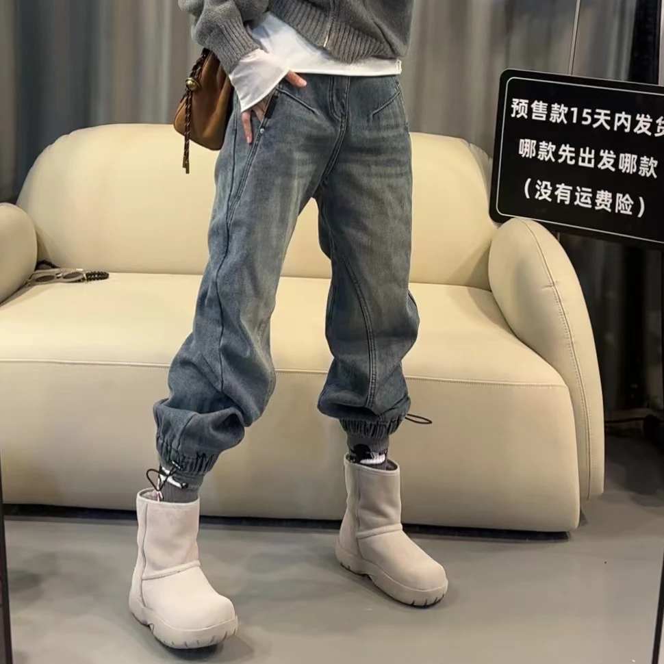 【文乐乐】秋冬新款洋气个性重工时尚休闲潮流束脚加绒牛仔裤89588