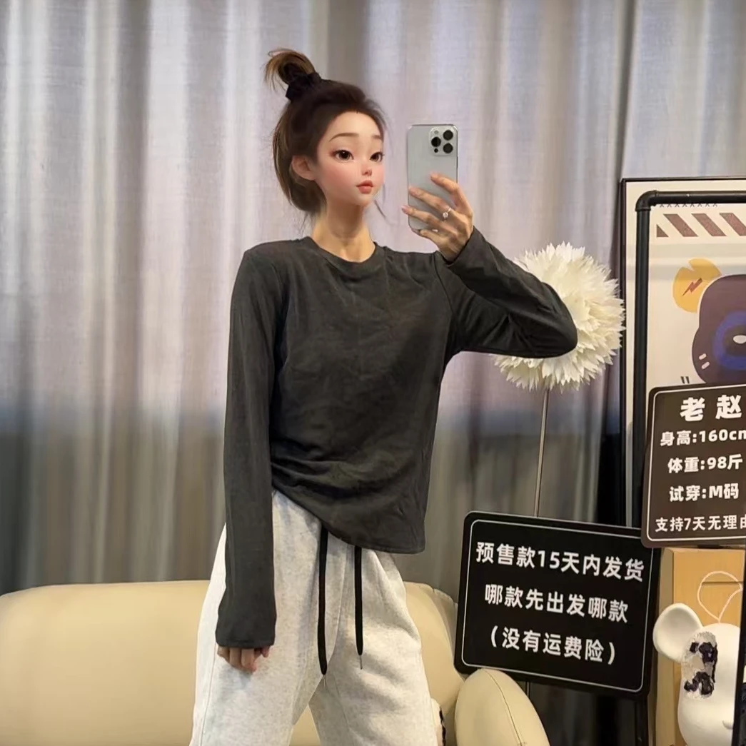 【文乐乐】秋冬新款高级净版百搭时尚休闲潮流长袖打底T恤8067