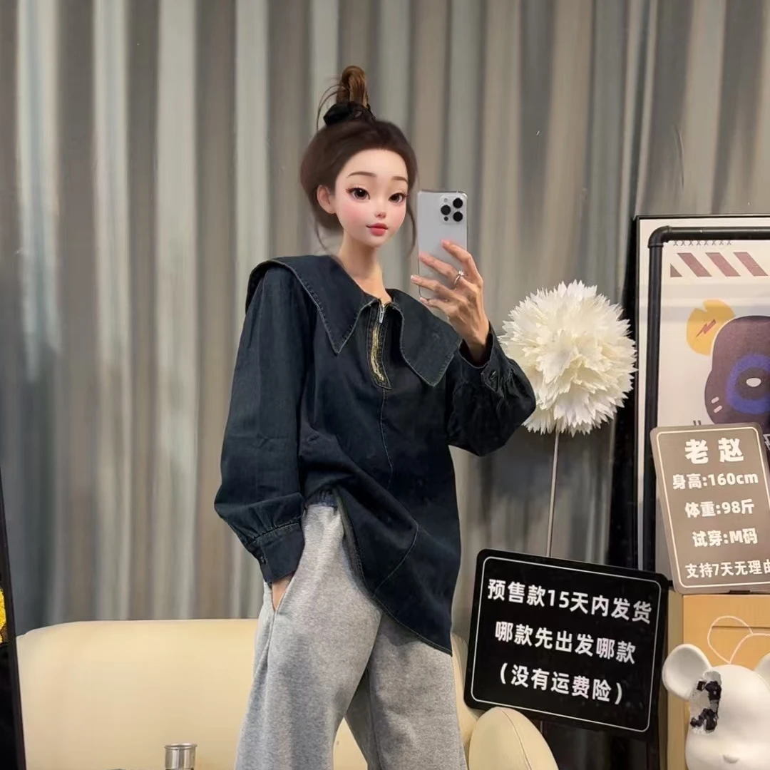 【文乐乐】秋冬新款洋气减龄娃娃领时尚休闲潮流百搭牛仔衬衫6832