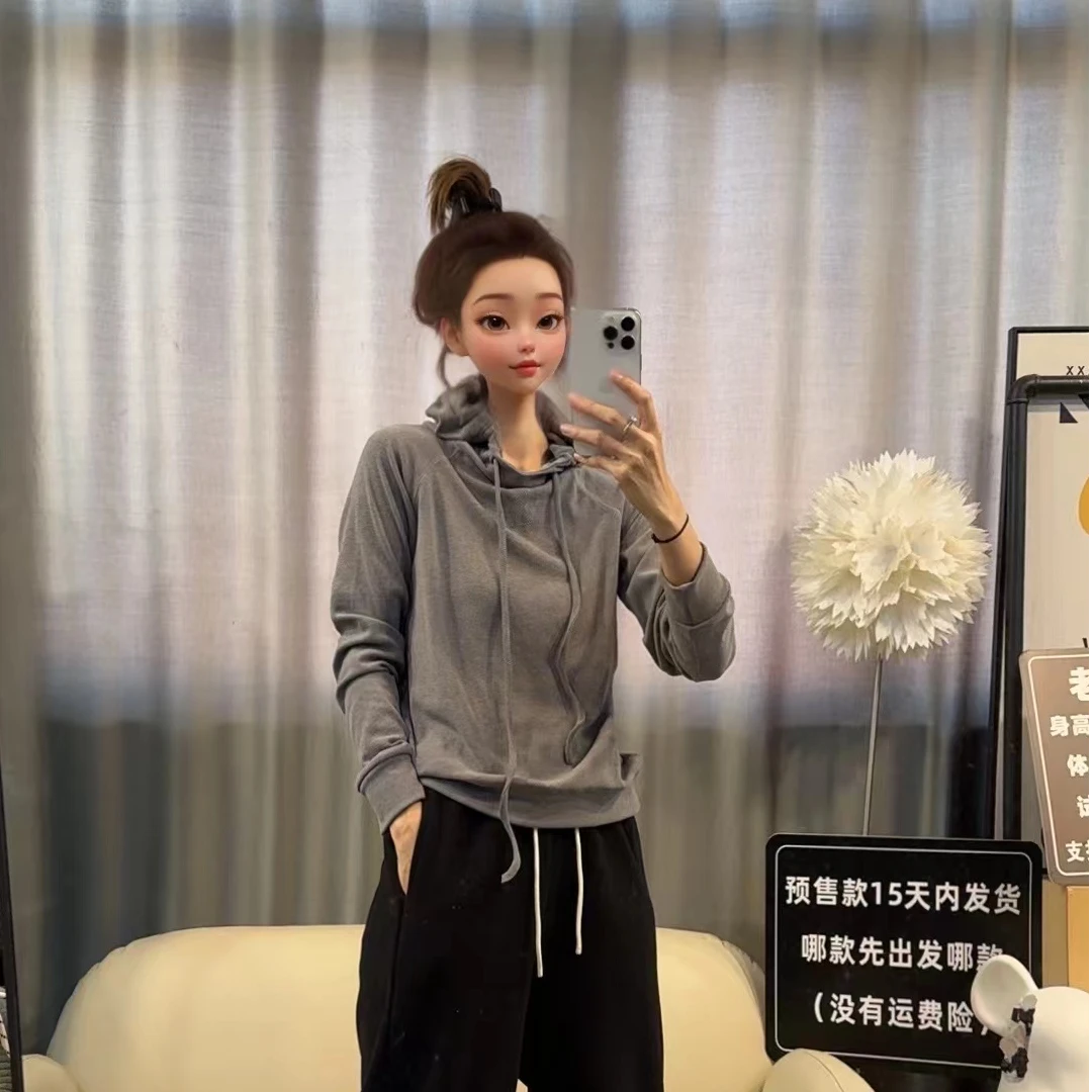 【文乐乐】秋冬新款洋气百搭时尚休闲潮流个性连帽磨毛打底T恤360