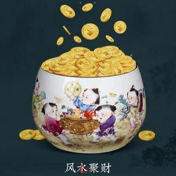 景德镇陶瓷童子聚宝盆摆件家居装饰品中式客厅风水招财玄关博古架