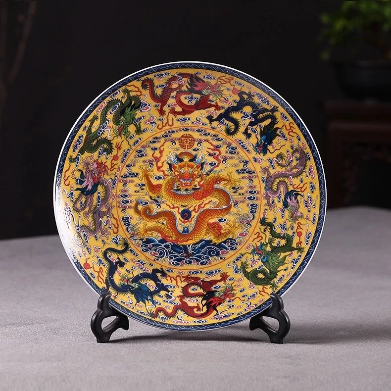 景德镇陶瓷珐琅彩飞龙腾云装饰挂盘摆件客厅新中式家居玄关工艺品