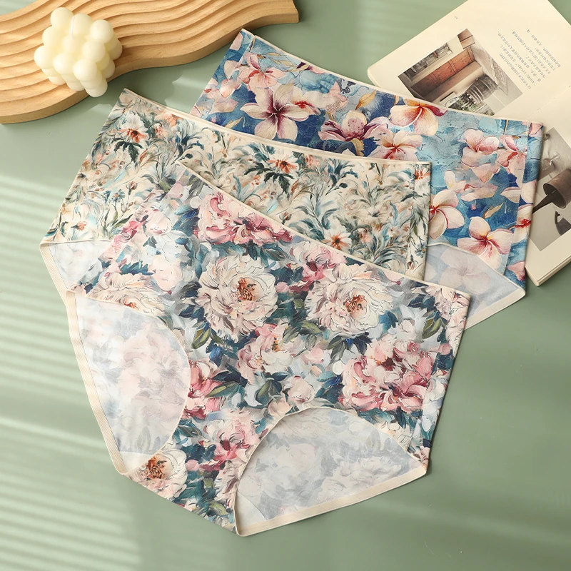 芳华~3条装花草文艺印花艺术内裤女莫代尔女士内裤中高腰三角裤