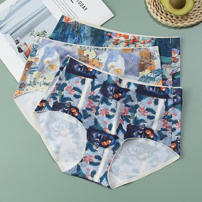 【水蜜桃】艺术印花中高腰无痕内裤女莫代尔一片式女士内裤三角短裤