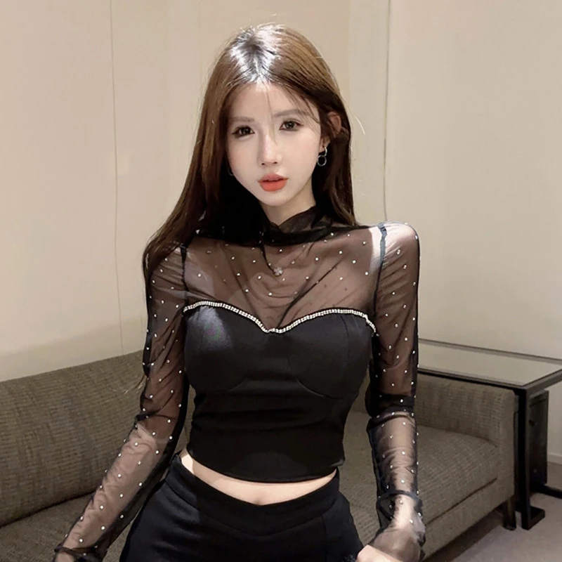 重工烫钻半高领长袖T恤女春夏装设计感网纱拼接短款修身打底上衣