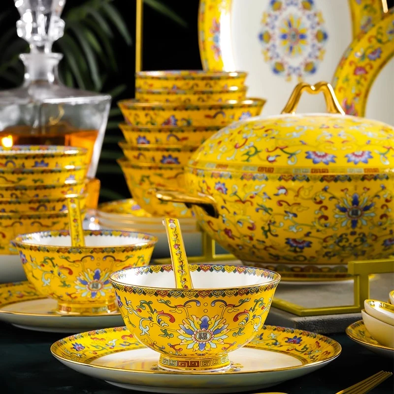 珐琅彩瓷碗中式碗碟家用景德镇餐具骨瓷碗吃饭碗盘高档礼品瓷