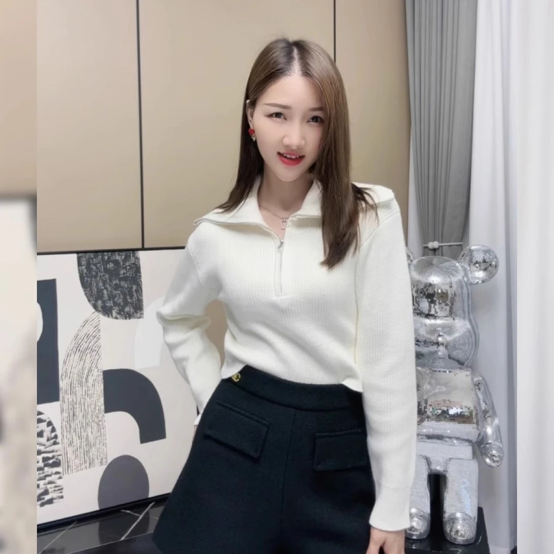 【128】|殴+|针织衫上衣女秋冬新款翻领半拉链短款收腰毛衣