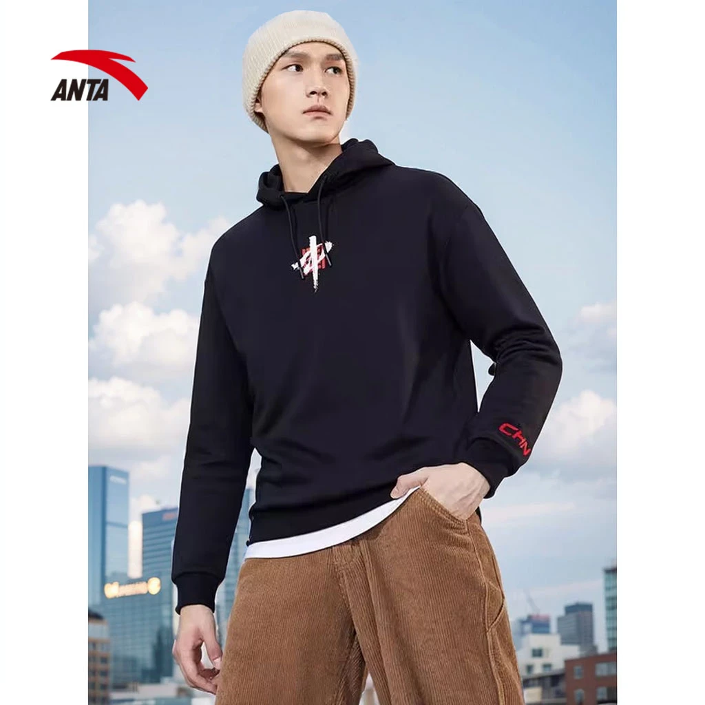 安踏连帽卫衣男春季上新国潮百搭上衣宽松休闲套头衫加绒保暖长袖