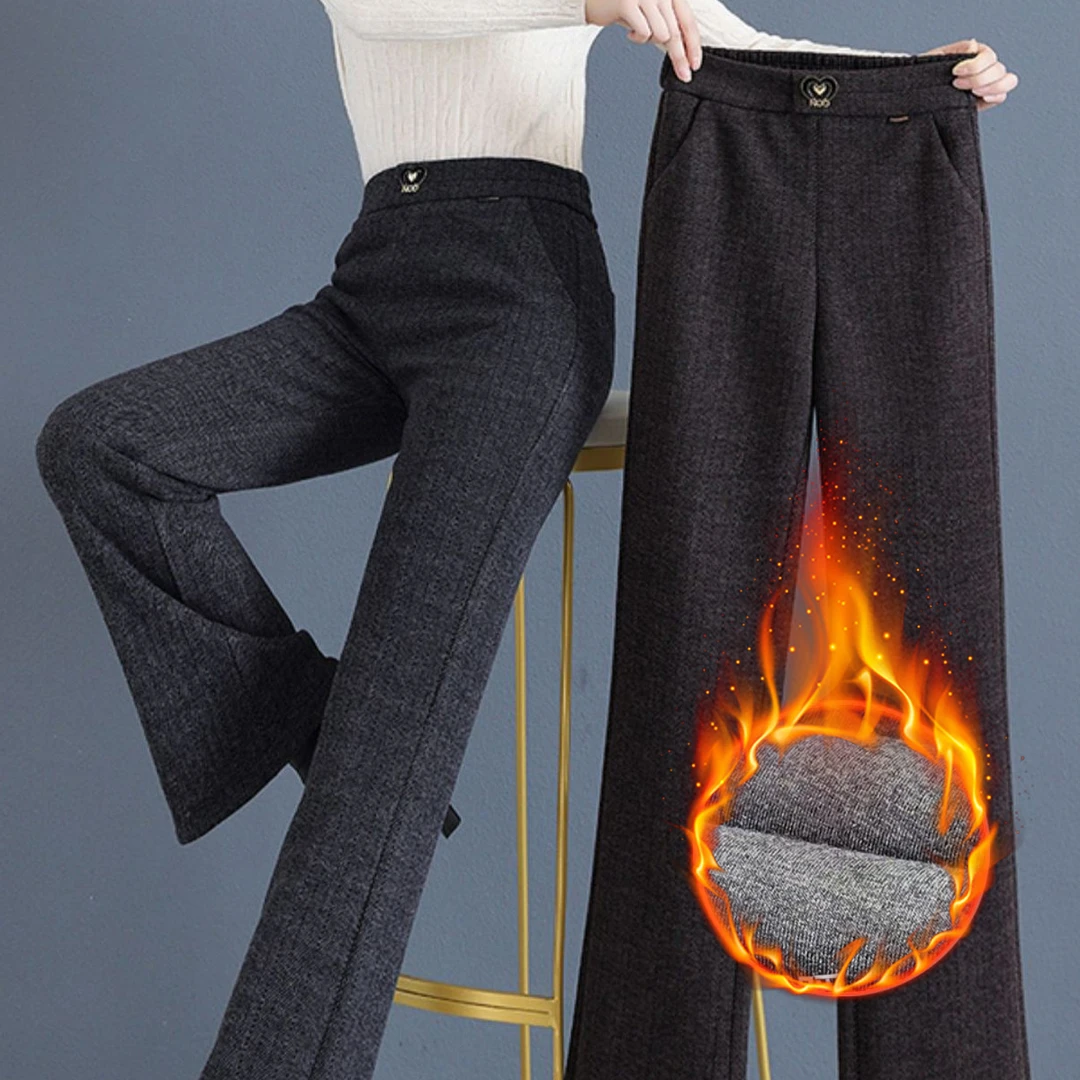 加绒加厚毛呢微喇长裤松紧腰女裤冬季时尚显瘦高腰垂感休闲喇叭裤