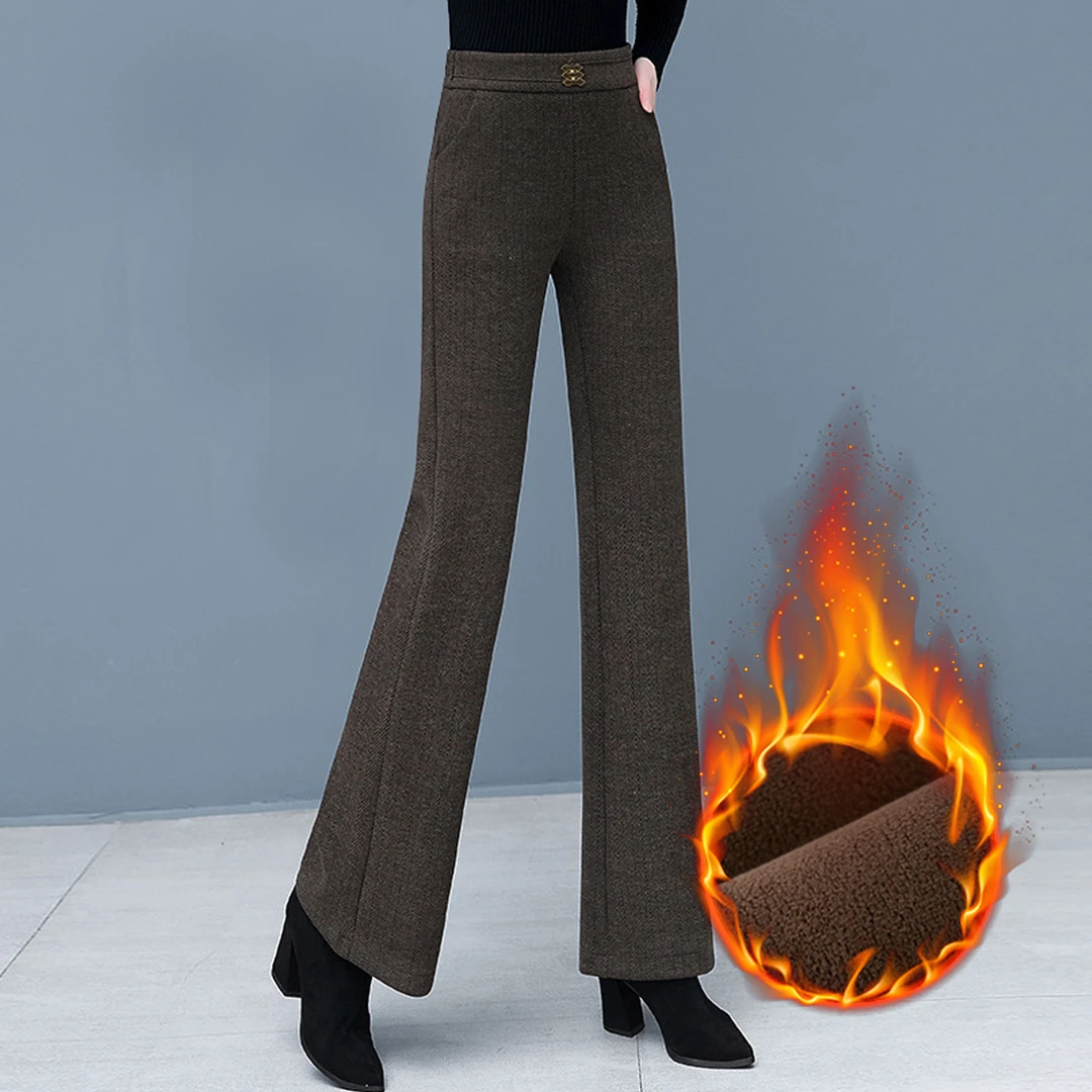 加绒加厚羊羔绒女裤女士冬季显瘦毛呢喇叭裤高腰直筒微喇休闲长裤