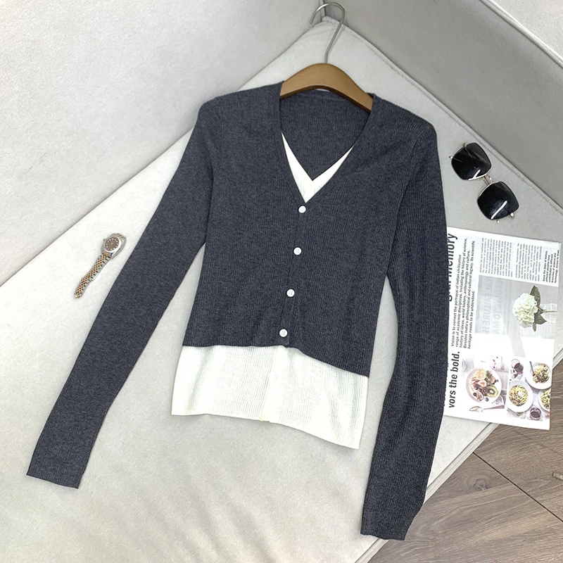 【南油子宸】气质高级灰假两件开衫‘’秋季撞色长袖针织衫女 800023