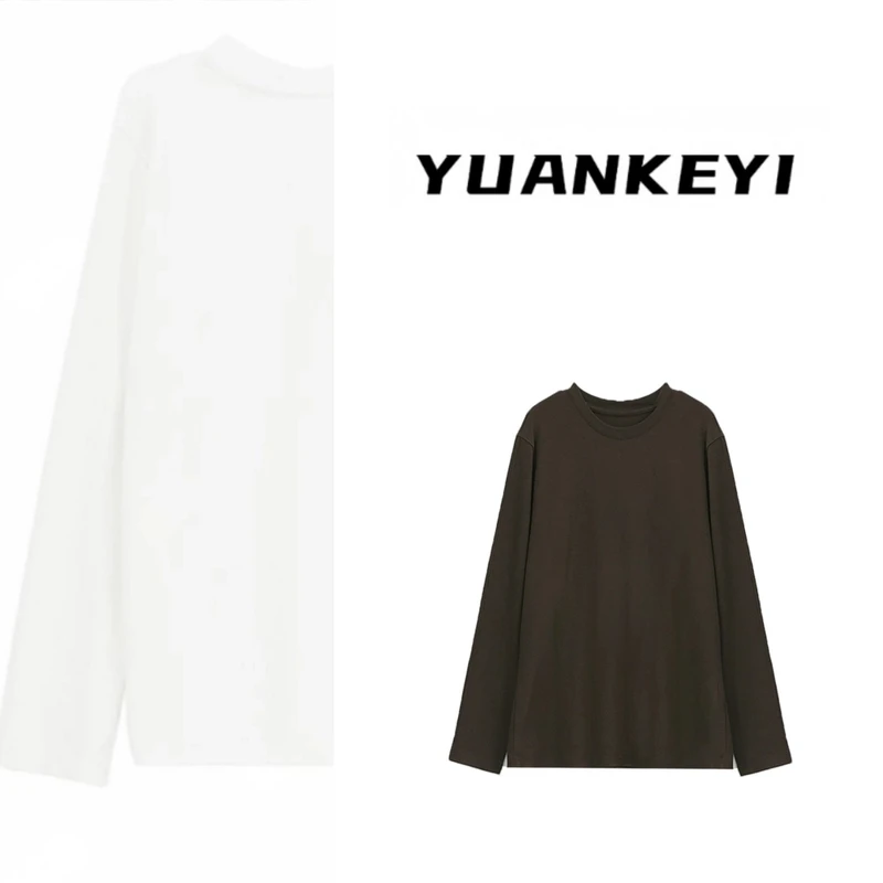 YUANKEYI 秋冬双面磨毛长款慵懒圆领长袖T恤
