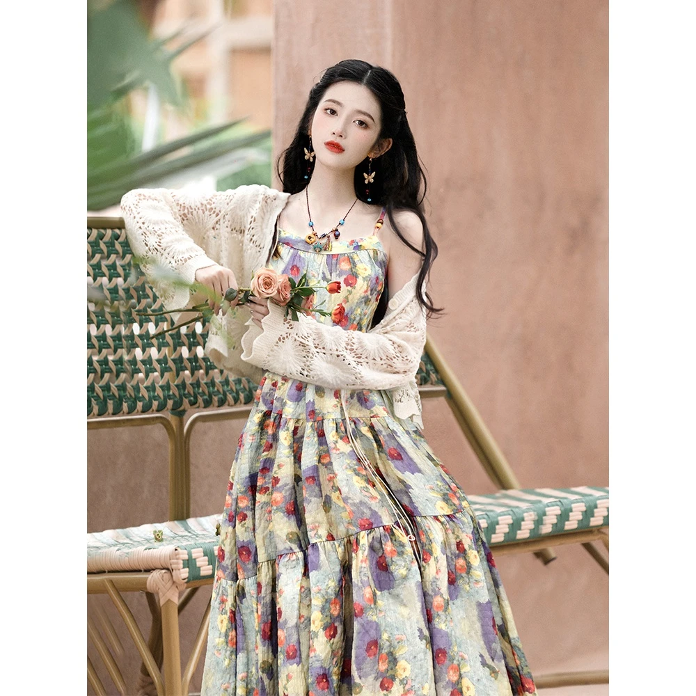 碎花显瘦连衣裙套装气质夏季女复古法式收腰印花温柔小众方领优雅