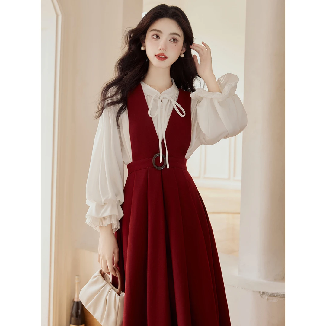 宫廷复古灯笼袖衬衫毛呢背带裙套装显瘦气质小个子法式订婚酒红色