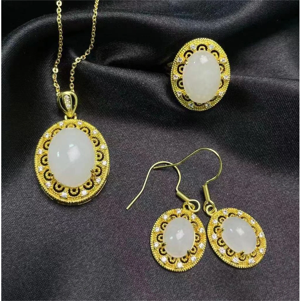 和田玉蛋面三件套Y1848赠链礼盒(多样性发)