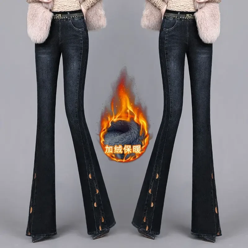 2025秋冬季新款松紧腰牛仔裤女裤秋冬加绒微喇叭中年妈妈裤子长裤