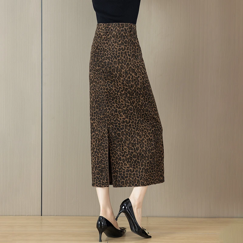 豹纹时髦半身裙女2025秋季新款高腰显瘦时尚百搭牛仔包臀裙中长款