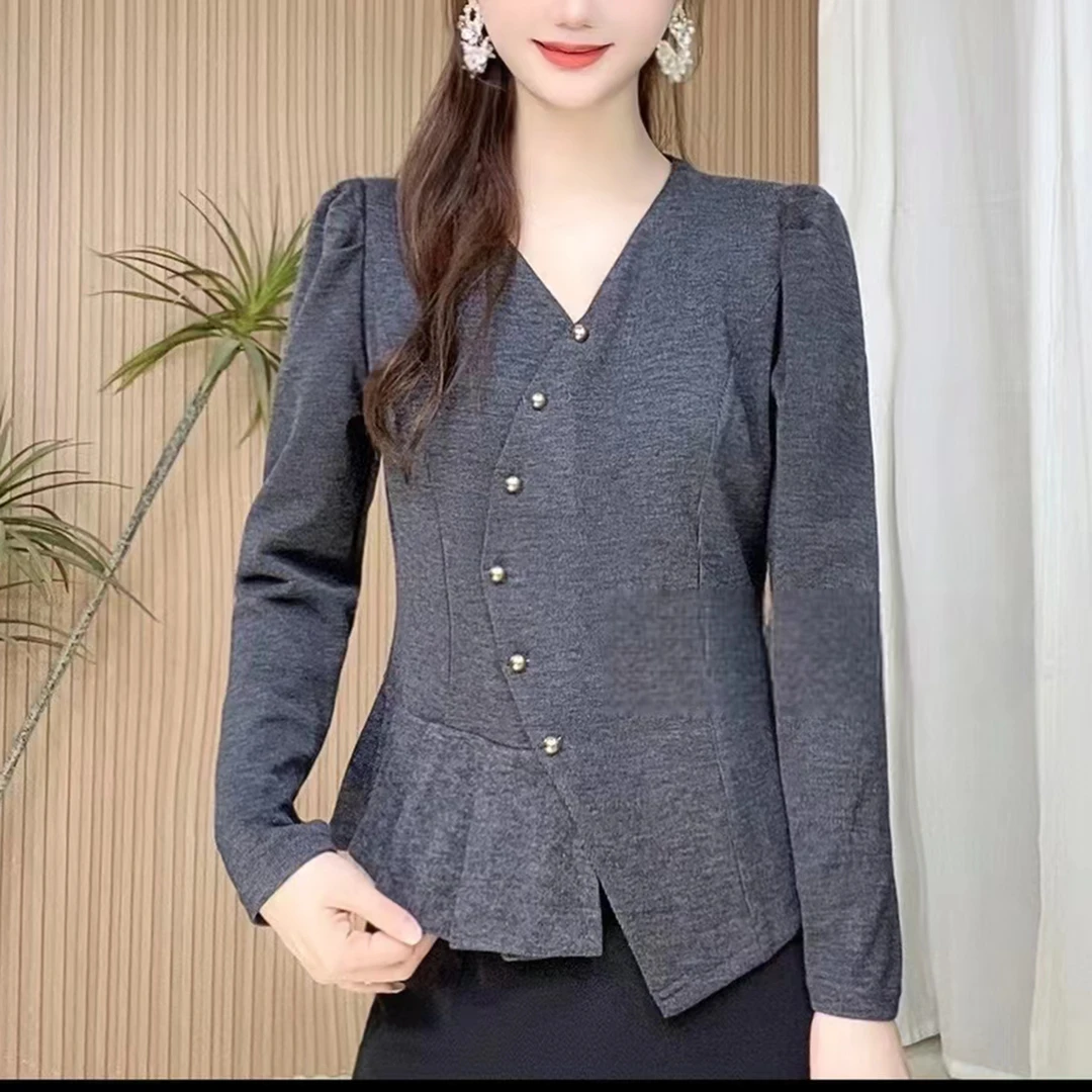 V领秋冬打底衫女秋季洋气修身显瘦小衫女时尚百搭长袖纯色上衣