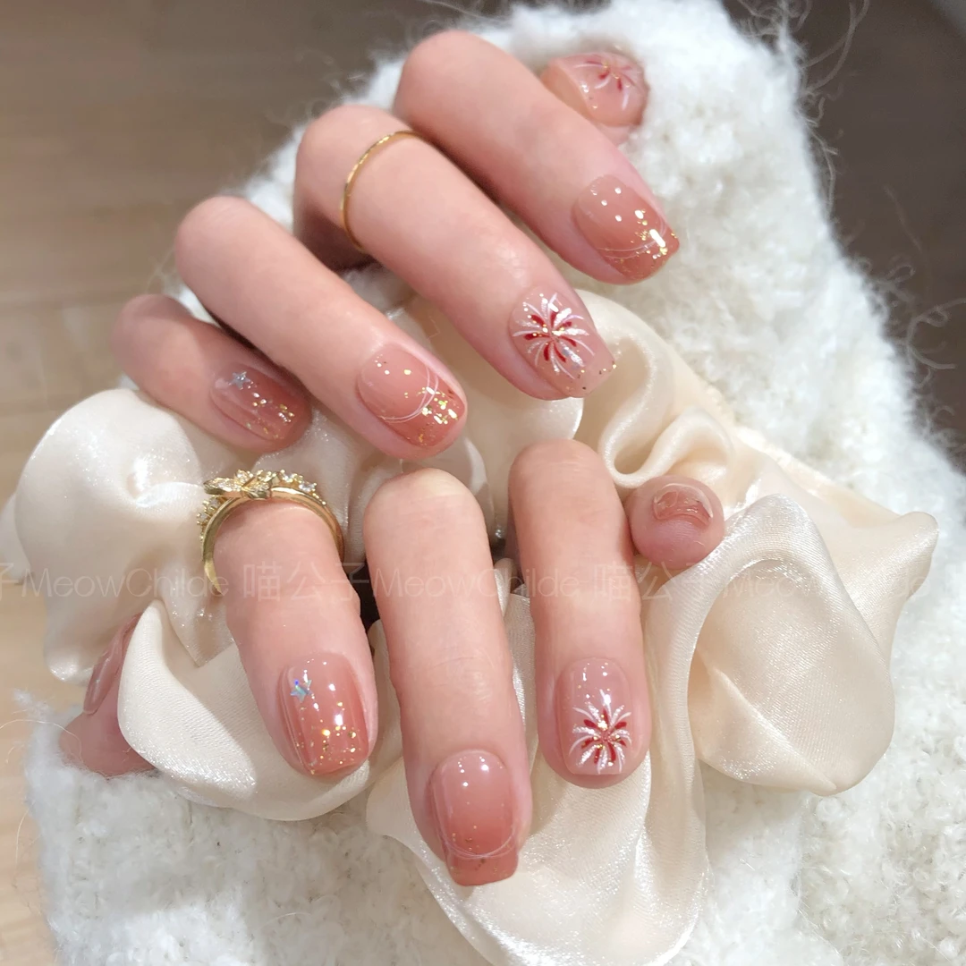 喵公子【烟花粉黛】【设计师手绘款】纯手工穿戴甲可拆卸美甲光疗甲