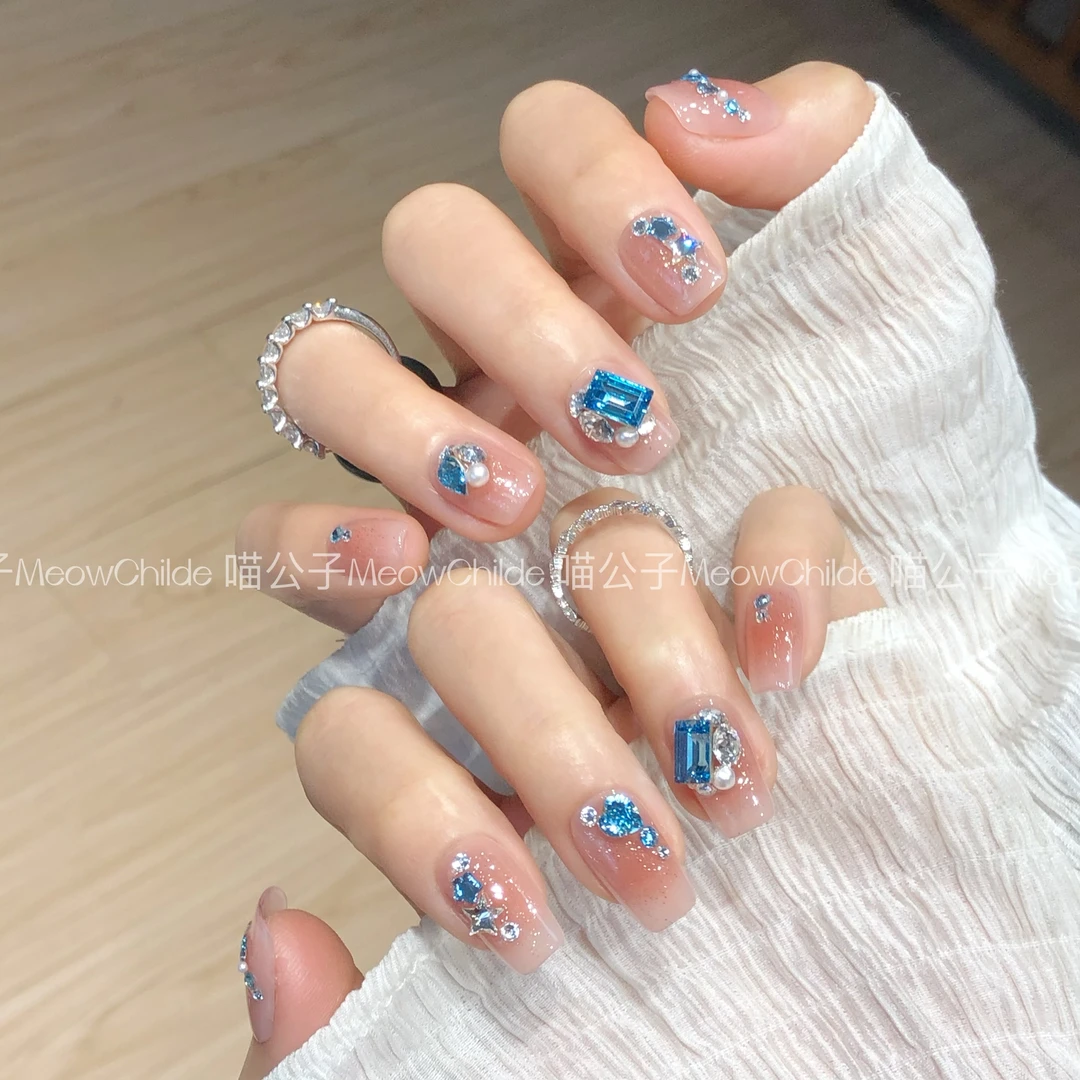 喵公子【圣托里尼】【施家全华钻】纯手工穿戴甲可拆卸美甲光疗甲