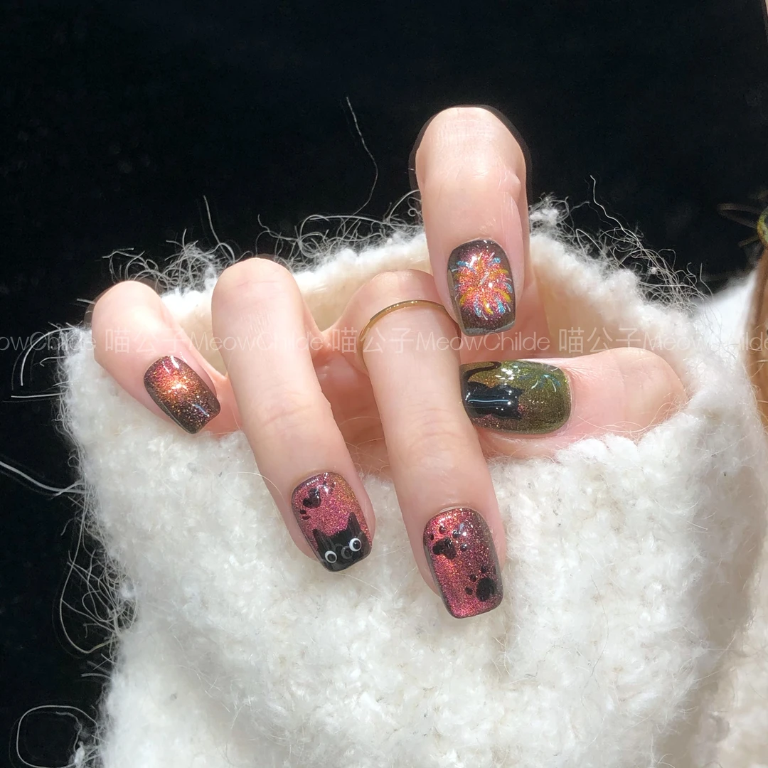 喵公子 【喵之烟火】【设计师款】纯手工穿戴甲可拆卸美甲光疗甲