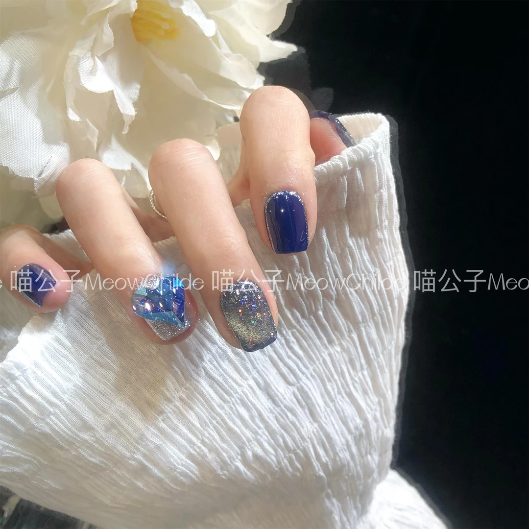 喵公子【蓝调】【施家华子钻】纯手工穿戴甲可拆卸美甲光疗甲
