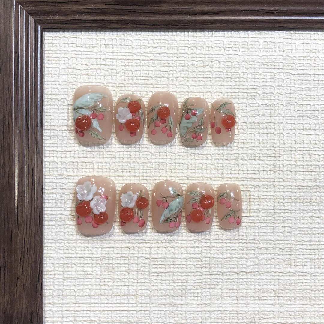 喵公子【柿子熟了】【设计师款】纯手工穿戴甲可拆卸美甲光疗甲