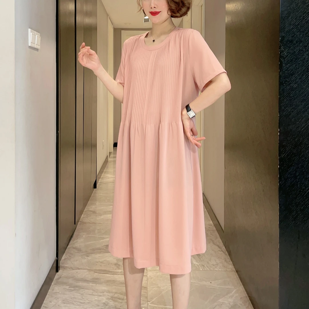 【今天发货】休闲连衣裙女夏季中长款大码宽松圆领显瘦气质裙子