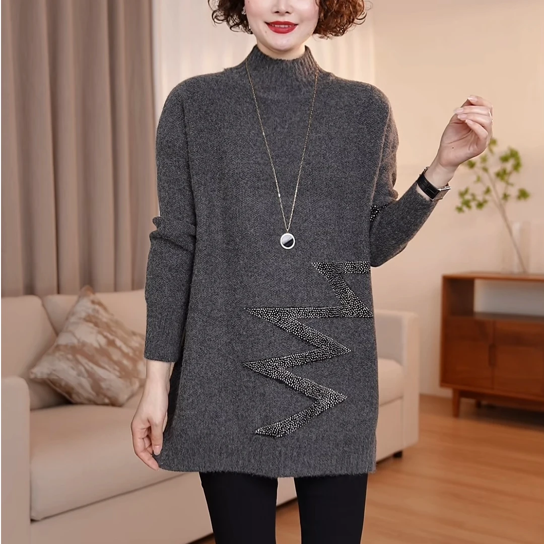 【现货】加厚大码毛衣女冬季休闲宽松洋气烫钻内搭打底针织上衣