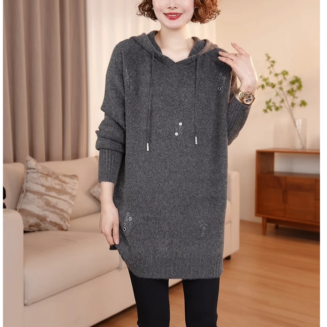 【今天发货】欧货连帽毛衣女秋冬中长款大码休闲宽松冬季针织衫上衣