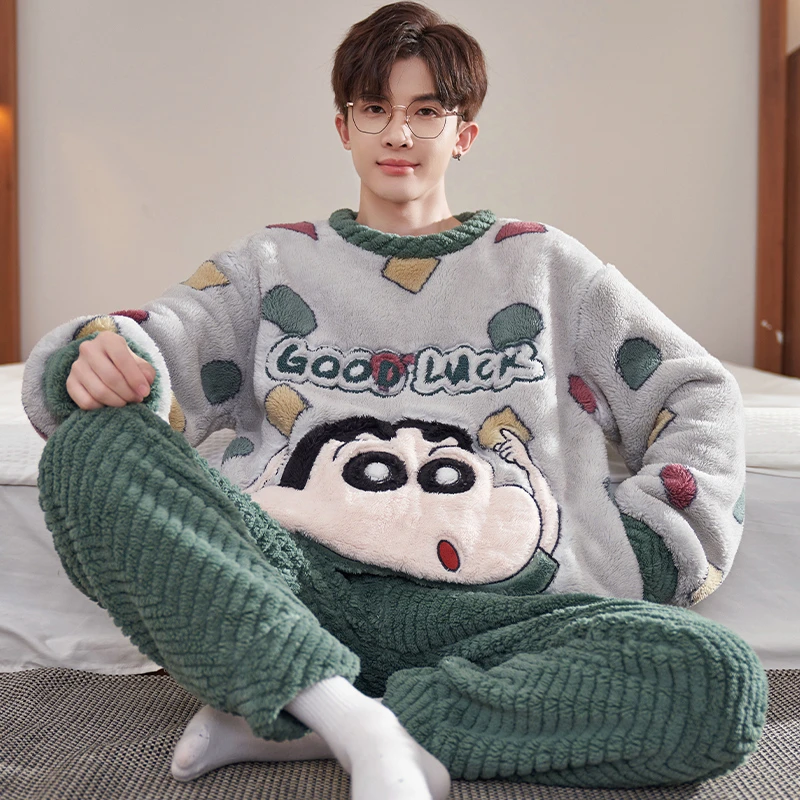 珊瑚绒睡衣男士秋冬季加厚加绒加大码青少年法兰绒男款家居服套装