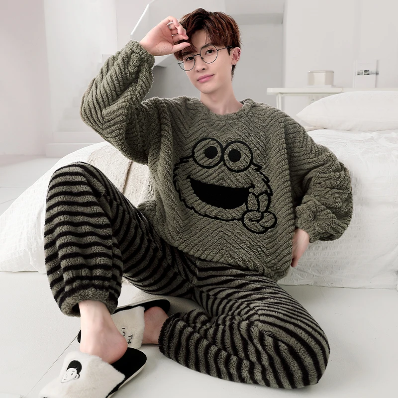 男士睡衣秋冬季珊瑚绒加绒加厚大码男款法兰绒冬款保暖家居服套装