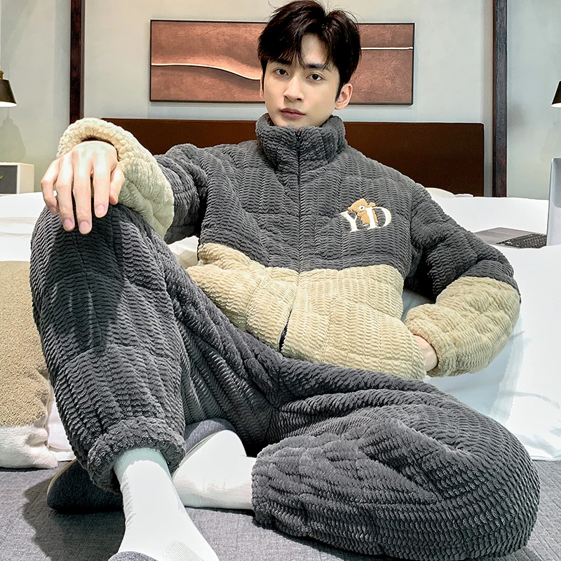 男士珊瑚绒睡衣秋冬季三层夹棉加绒加厚保暖法兰绒家居服冬款套装