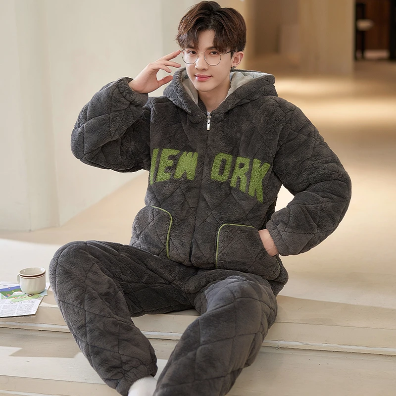 珊瑚绒睡衣男士三层夹棉秋冬款加绒加厚男款加大码冬季家居服套装