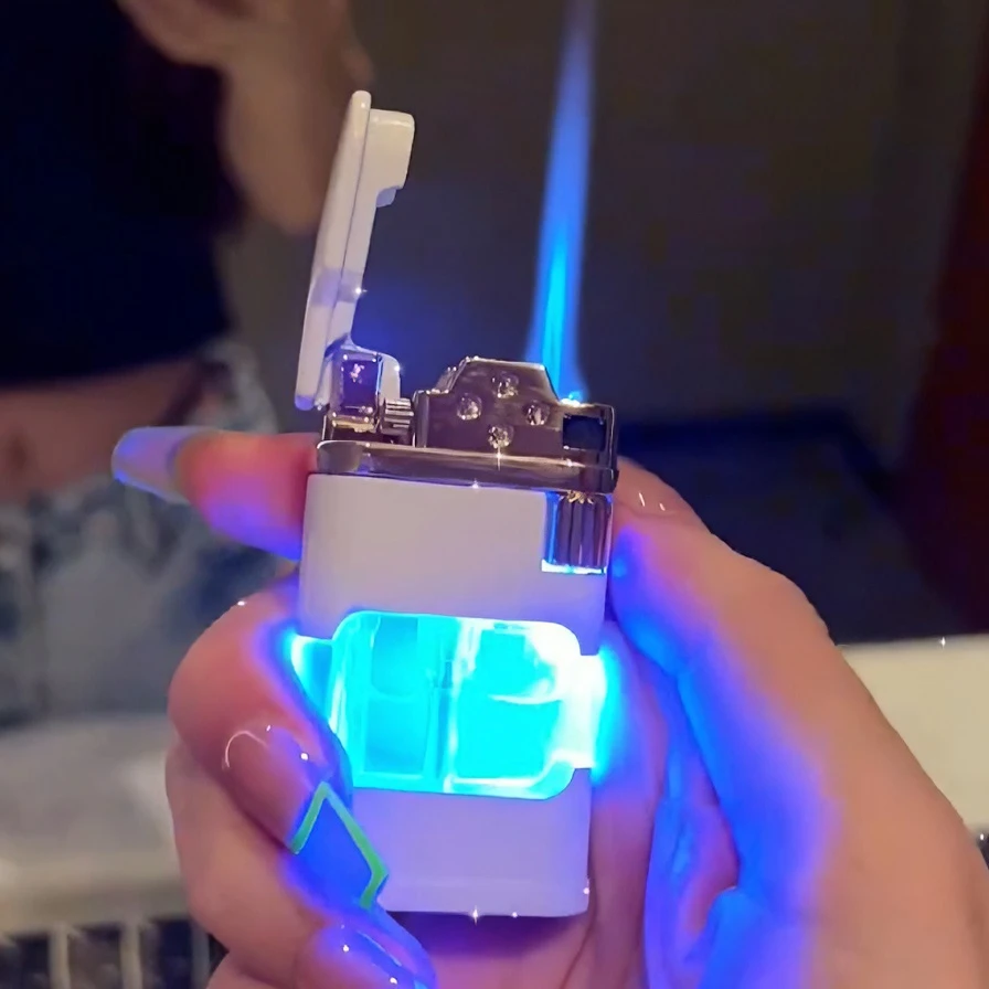 打火机侧滑砂轮网红LED蓝光蓝焰直冲金属高档送男友老公潮打火机