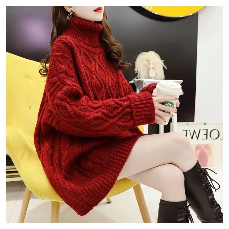 高领厚毛衣上衣打底衫针织宽松中长款加厚慵懒风