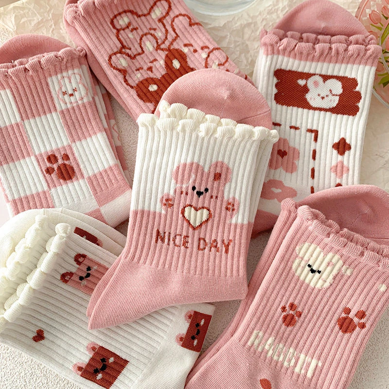 粉色袜子女中筒袜ins潮高颜值炸街春夏百搭卡通学生长筒可爱长袜