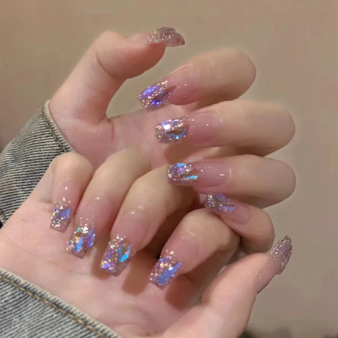 419号手工光疗紫闪粉魅影镶钻可拆卸穿戴美甲加长款