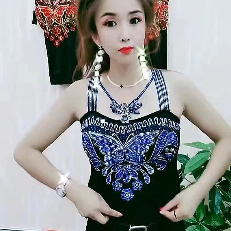 893网红蝴蝶亮钻美背背心吊带打底内衣自带胸垫显瘦吊带背心