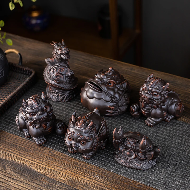 手工紫陶貔貅工艺可养金蟾陶瓷家居摆件茶玩茶桌茶台紫砂茶具配件