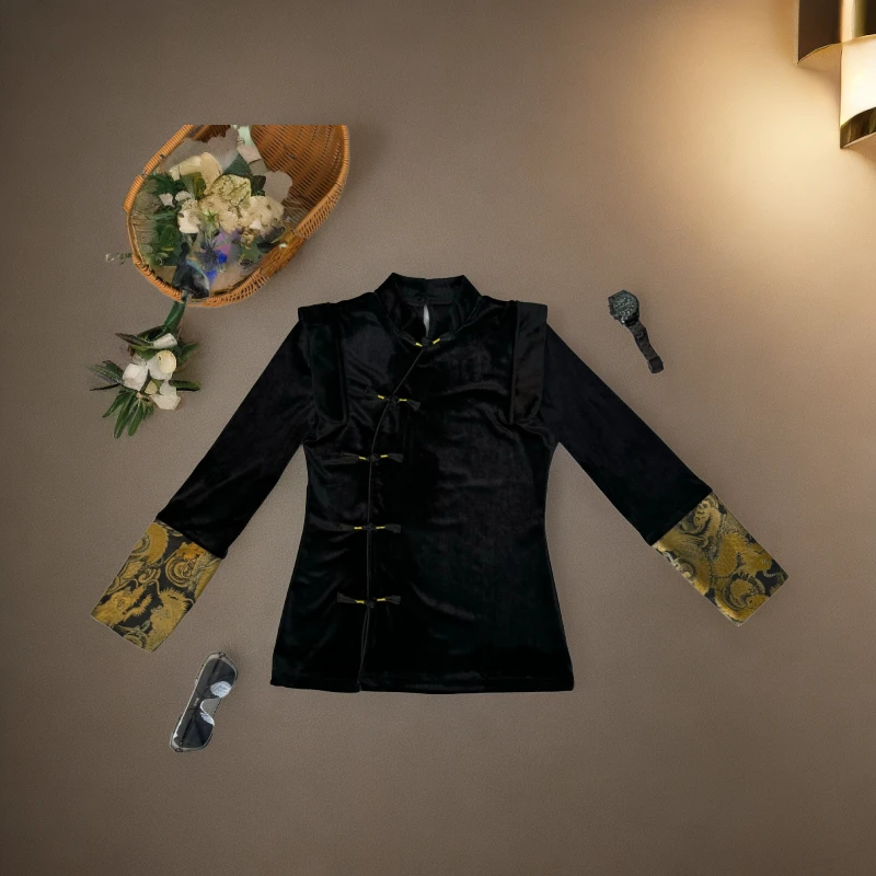 5205# 新中式国风长袖修身显瘦重工拼接袖子百搭T恤