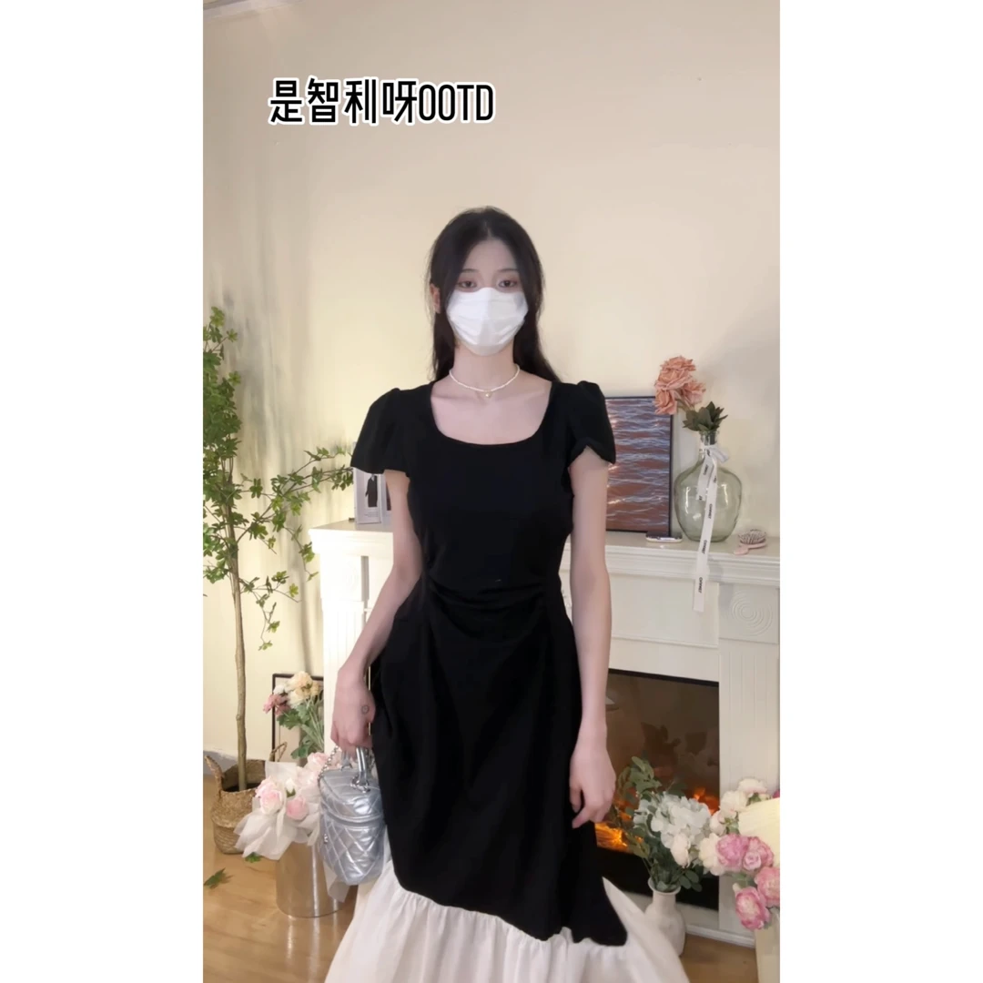 ZHILI袖子芝芝赫本风撞色针织拼接蓬蓬下摆上身显瘦方领连衣裙