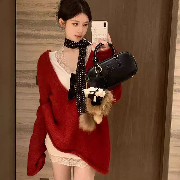 深v领外搭羊毛衫女秋冬小众厚款针织罩衫慵懒感宽松百搭叠穿上衣